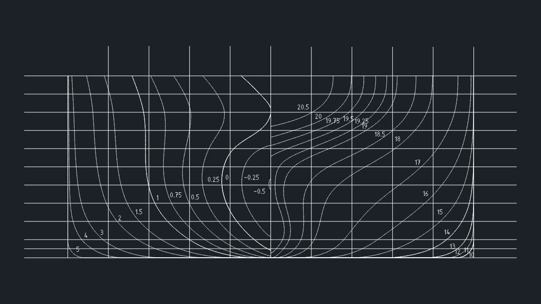 Lines plan for a ship hull with sections and waterlines | Designs CAD