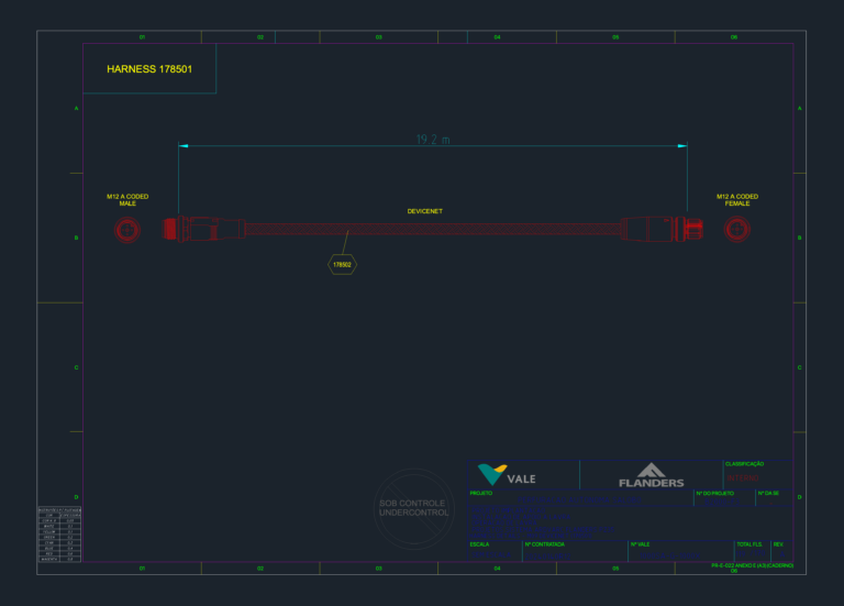 Technical drawing of a 19.2m DeviceNet harness with M12 A-coded male and female connector layout views.