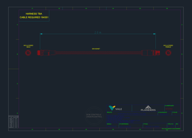 CAD drawing showing the side view and connector faces of a 2.0m M12 A-coded DeviceNet cable harness.
