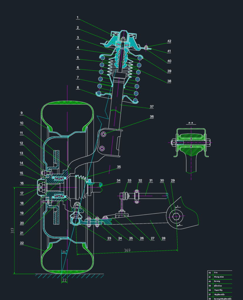Technical CAD drawing of a MacPherson strut independent front suspension assembly with cross-sections and annotations.