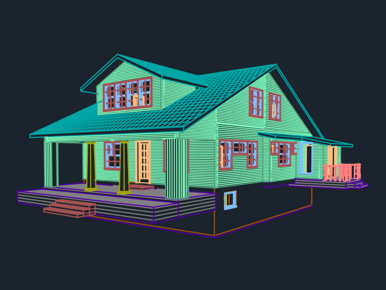 3D perspective CAD view of a residential house with siding, gabled roof, and a front porch with columns.
