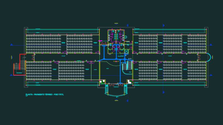 CAD ground floor plan for a university classroom block with furniture layouts and tactile paving accessibility paths.