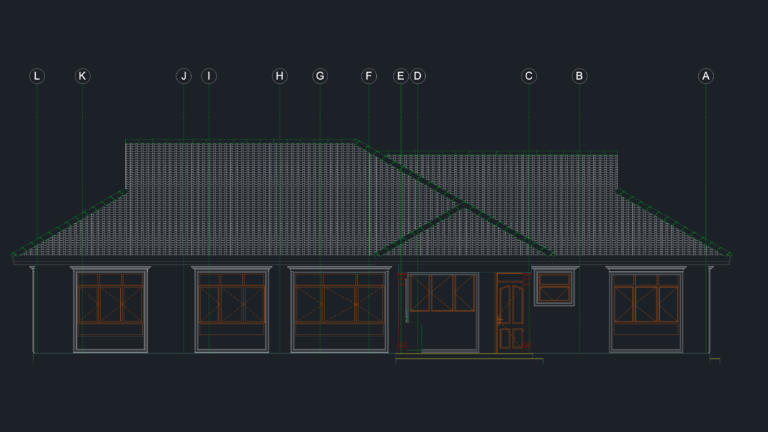 Architectural CAD elevation of a residential house with a tiled roof, multiple windows, and structural grid lines.