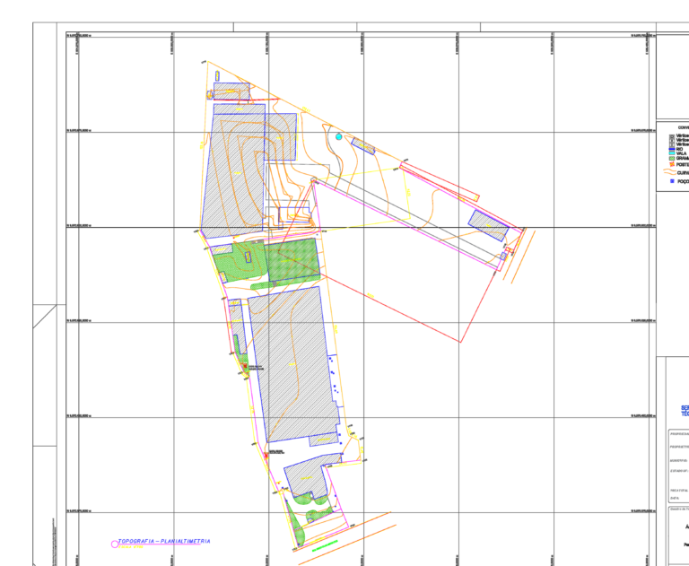 Planimetric survey of an industrial site with warehouse footprints, topographic contour lines, and coordinate grid.