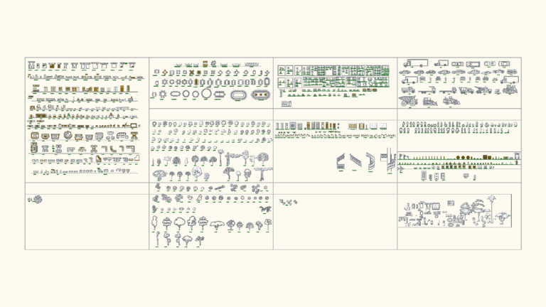 2D CAD library grid showing furniture, vehicles, trees, and human figures in plan and elevation views.