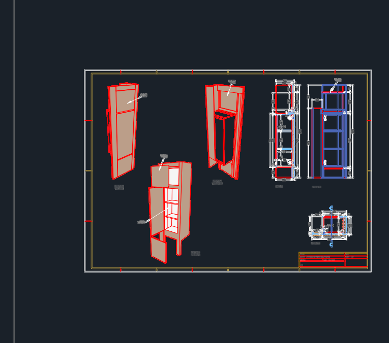 Technical CAD drawing of a boat cabin side cabinet featuring 3D perspectives, 2D elevations, and fabrication details.