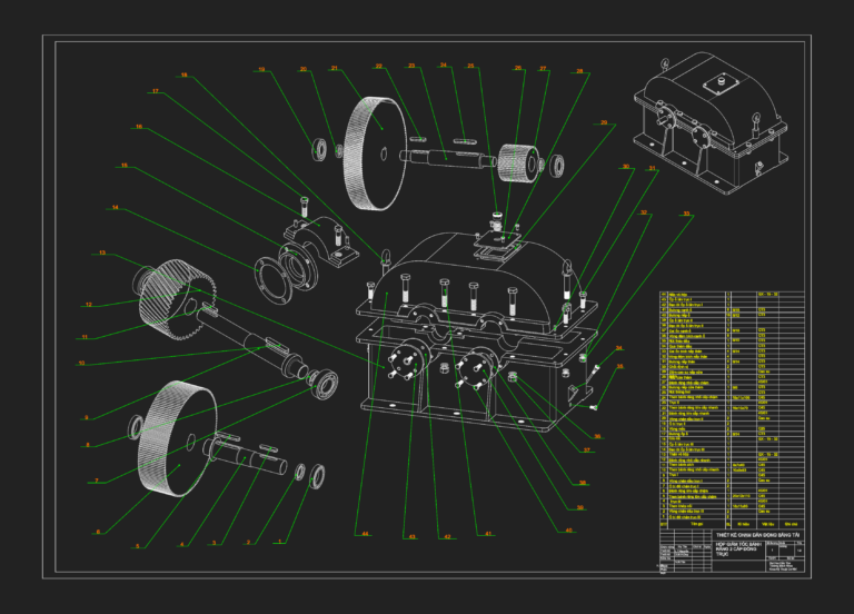 Exploded view of a two-stage coaxial helical gearbox with part callouts and engineering bill of materials.