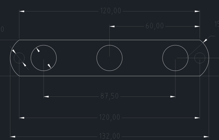 2D CAD technical drawing of a 132mm mounting plate with five circular cutouts and dimensioned hole spacing.