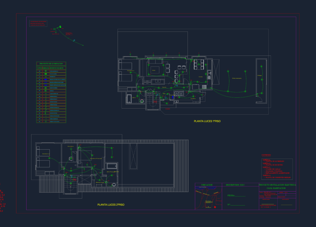 Two-story house electrical lighting layout plans showing circuit wiring paths, symbol legend, and load schedule details.