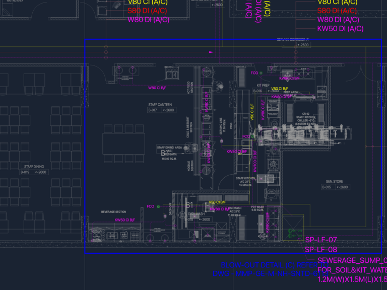 CAD floor plan of a commercial kitchen and canteen showing sanitary drainage layout with color-coded piping and sumps.