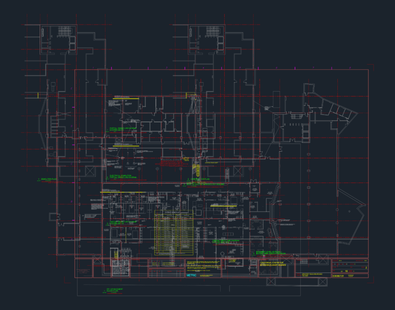 Basement floor plan with electrical demolition, construction layout, feeder schedules, and MCC single line diagrams.