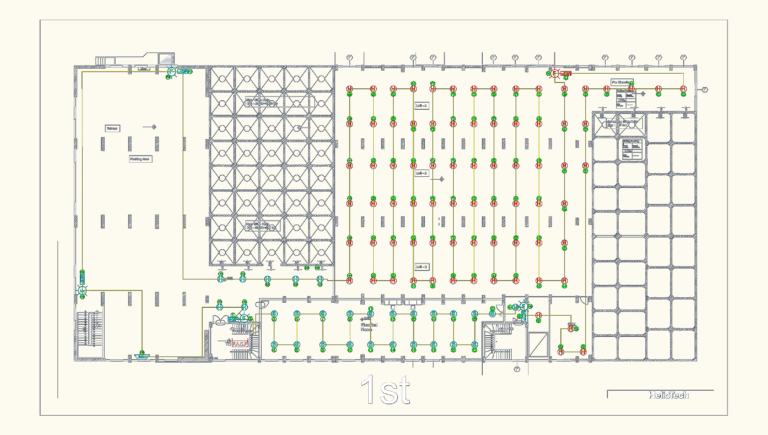 MEP floor plan for a flour silo facility showing industrial fire alarm detector arrays, cabling, and F.A.C.P. cabinet.