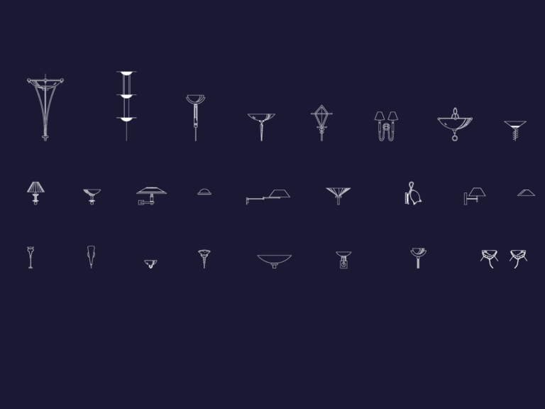 25 different 2D front-elevation CAD drawings of wall-mounted light fixtures and decorative sconces.