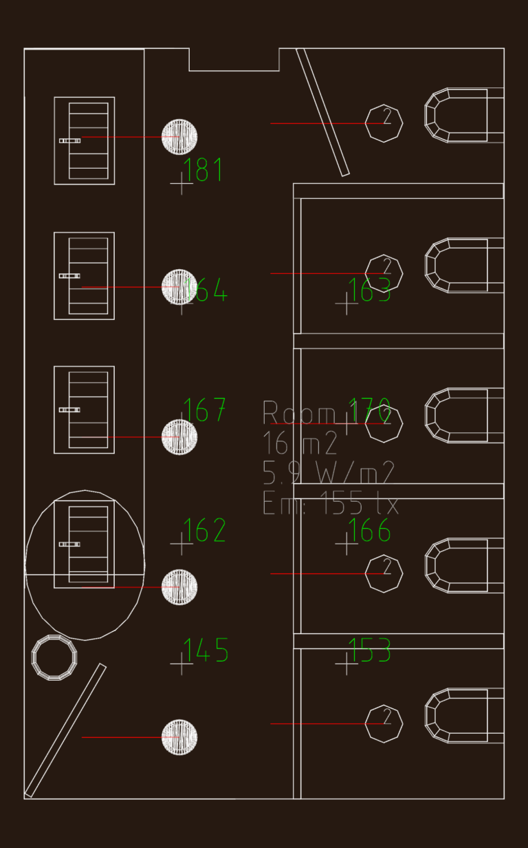 CAD plan view of a 16m2 bathroom lighting layout showing lux level points, LED fixtures, and toilet stalls.