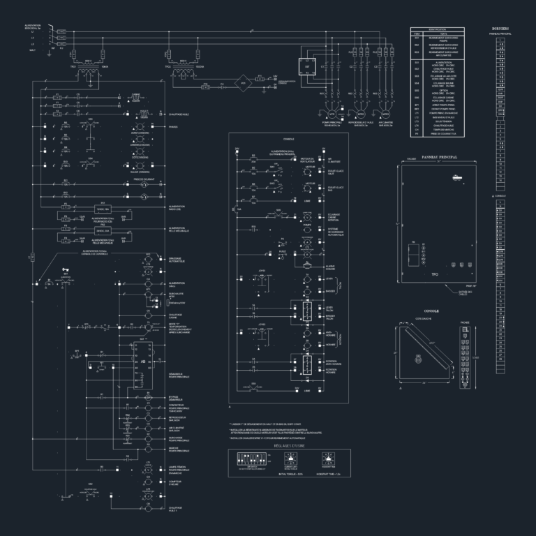 Electrical wiring diagram for Arbrofer loader showing main panel layout, console schematics, and soft-start settings.