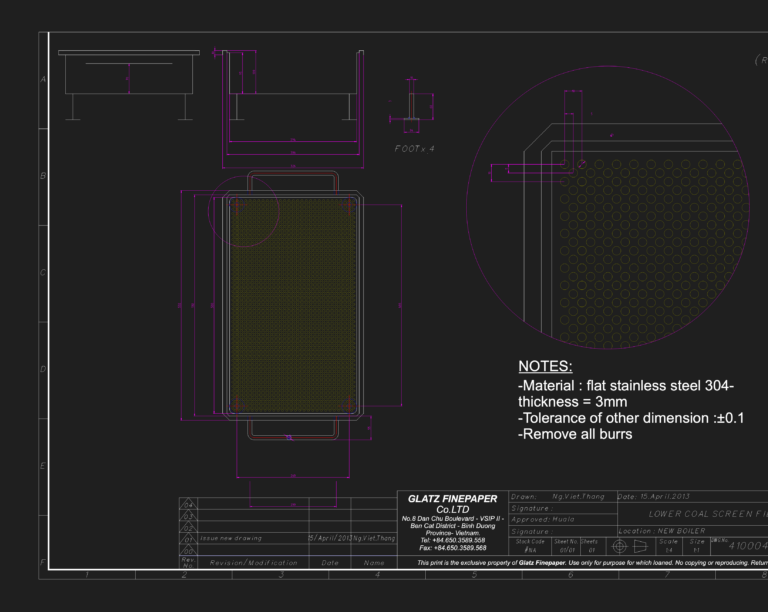 Mechanical fabrication drawing for a boiler coal screen filter and tray showing perforated plate patterns and dimensions.