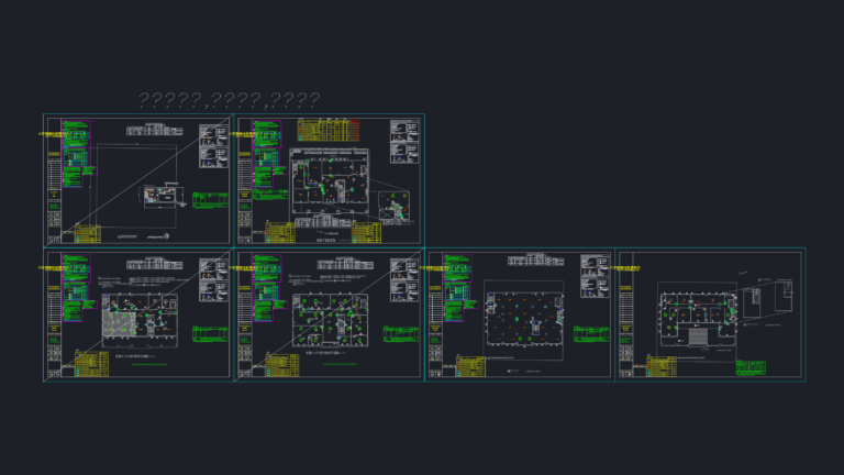 CAD floor plans for a fire alarm system (1F-5F) with smoke detectors, emergency lights, and equipment legends.