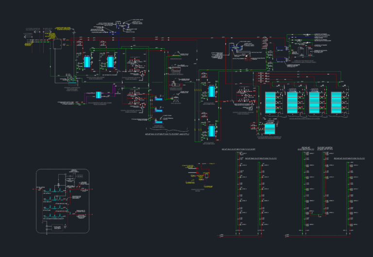 Detailed mechanical heating schematic showing steam assemblies, pump systems, and multi-level distribution layouts.