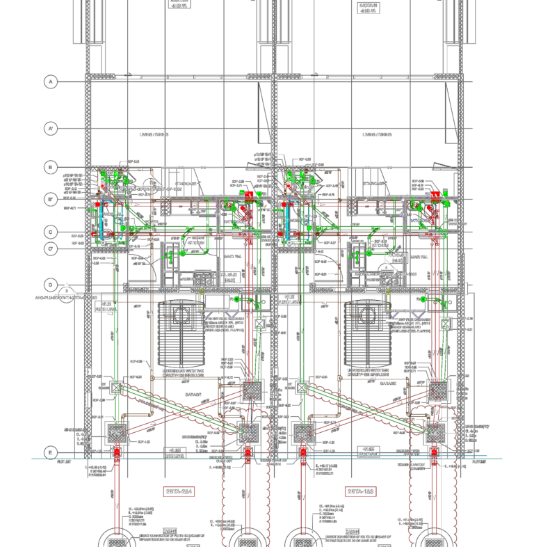 Ground floor plan layout for townhouse drainage showing piping, manholes, and underground water tanks.