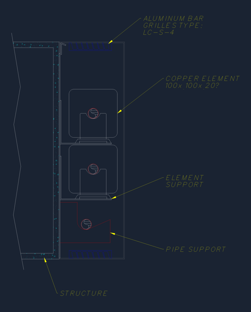 CAD section detail of a mechanical heating enclosure showing copper elements, aluminum grilles, and pipe supports.