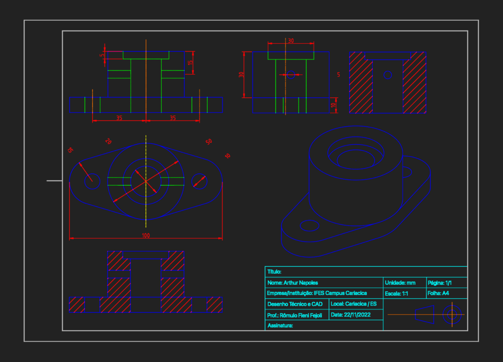 Mechanical flange CAD drawing with plan, section, elevation, and 3D isometric views showing dimensions in millimeters.