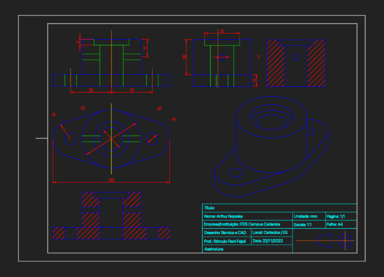 Mechanical flange CAD drawing with plan, section, elevation, and 3D isometric views showing dimensions in millimeters.