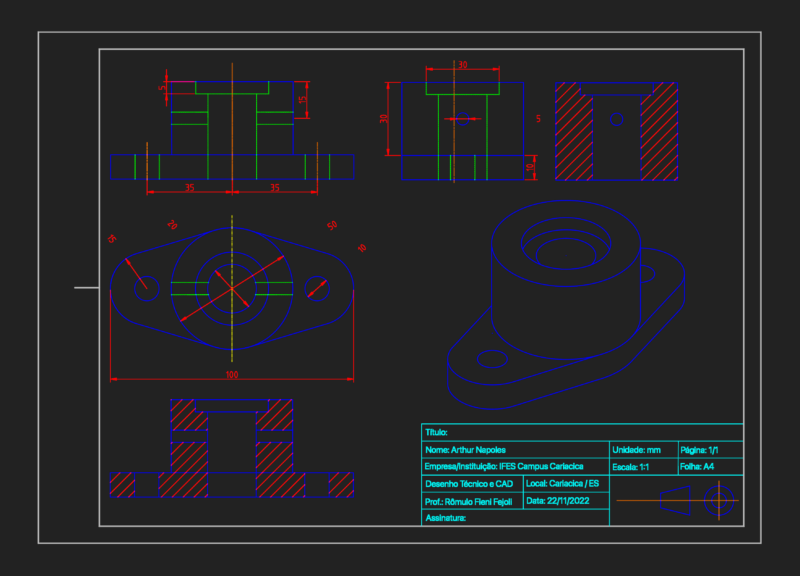 Mechanical Flange Component Technical Drawing with Sectional and Isometric Views