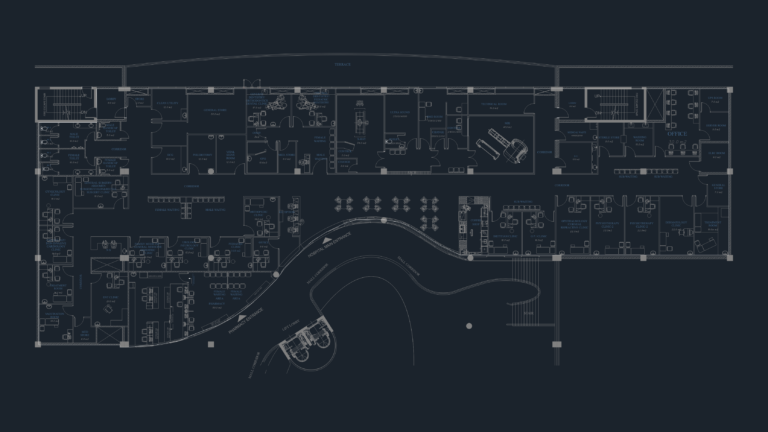 Architectural floor plan of a medical center including MRI room, radiology department, and surgery suites with furniture.