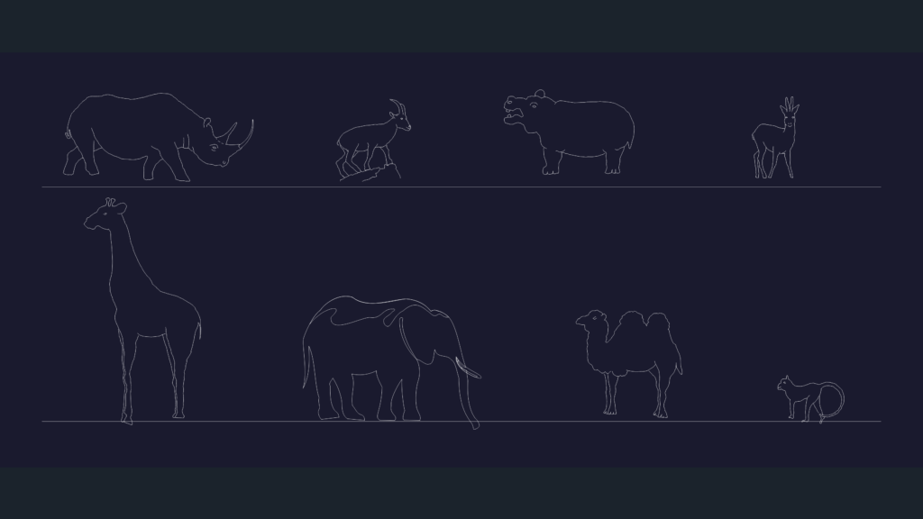 2D CAD linework silhouettes of an elephant, giraffe, rhino, hippo, and camel for zoo and park planning.