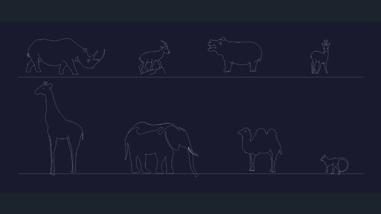 2D CAD linework silhouettes of an elephant, giraffe, rhino, hippo, and camel for zoo and park planning.