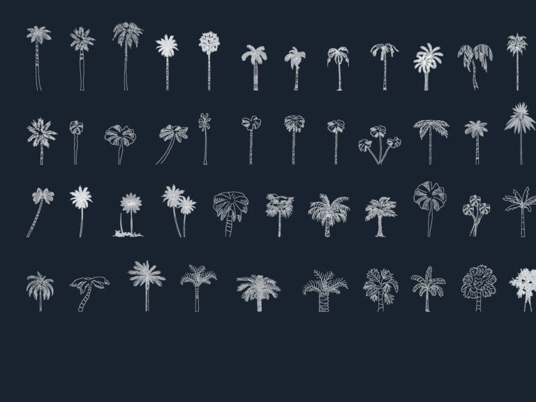 Collection of 45 different palm tree elevation drawings for landscape architecture.
