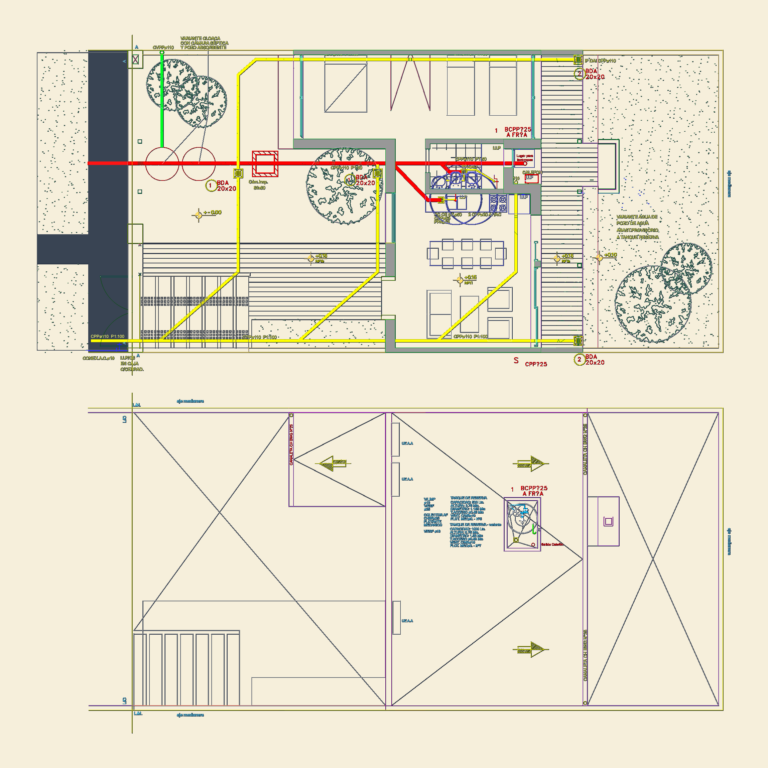 Ground floor architectural plan with colored utility layouts and roof drainage plan for a 2-bedroom house.