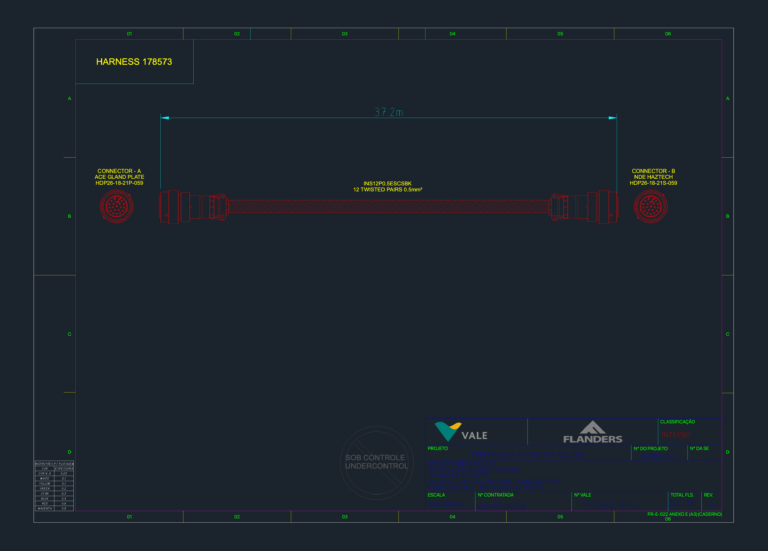 Wiring detail for mining harness 178573 showing 37.2m cable, 12 twisted pairs, and HDP26 connector pinouts.