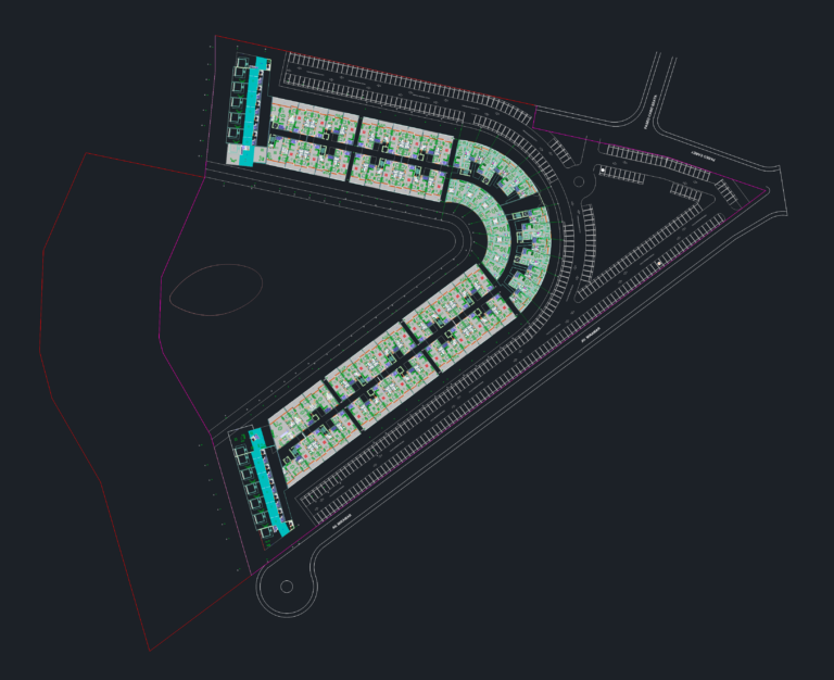CAD master plan of an L-shaped residential apartment complex with unit layouts, parking areas, and swimming pools.