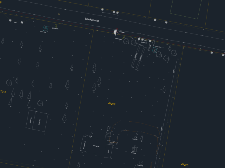 Geodetic site plan of residential plot 47222 in Miskolc showing utilities, buildings, and landscape features.