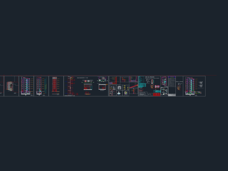 Architectural CAD drawings of a B+G+5 mixed-use building showing floor plans, cross sections, and wastewater layouts.