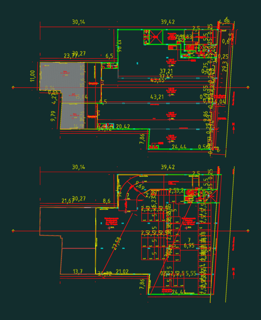 Architectural CAD floor plans for a mixed-use commercial building showing retail space and structured parking layout.