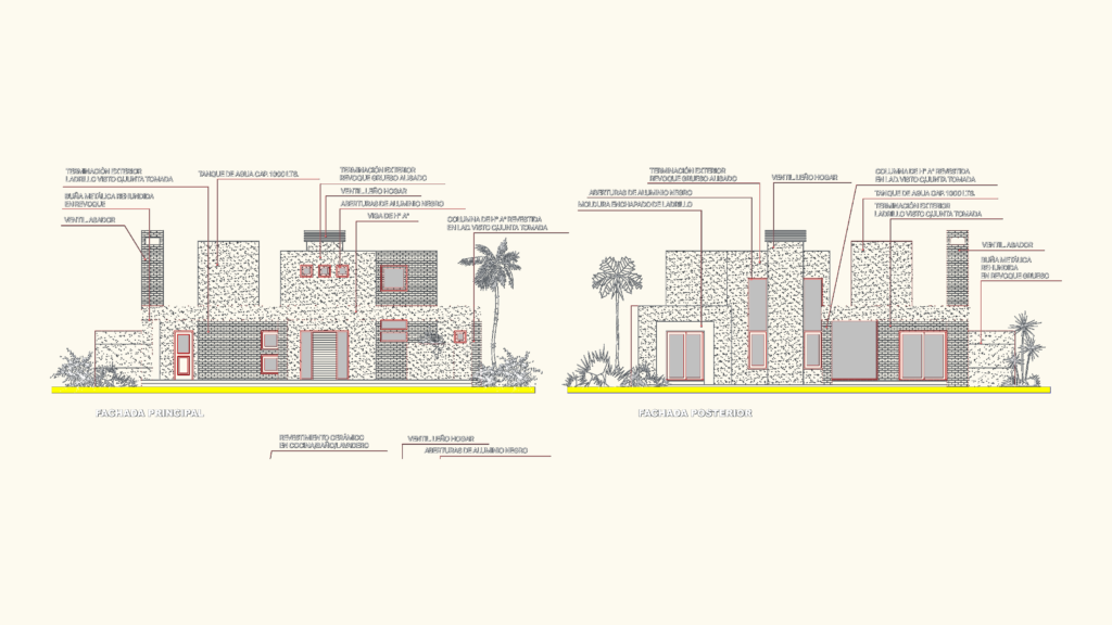 Front and rear elevation drawings of a modern single-story house with exposed brick finishes and architectural notes.