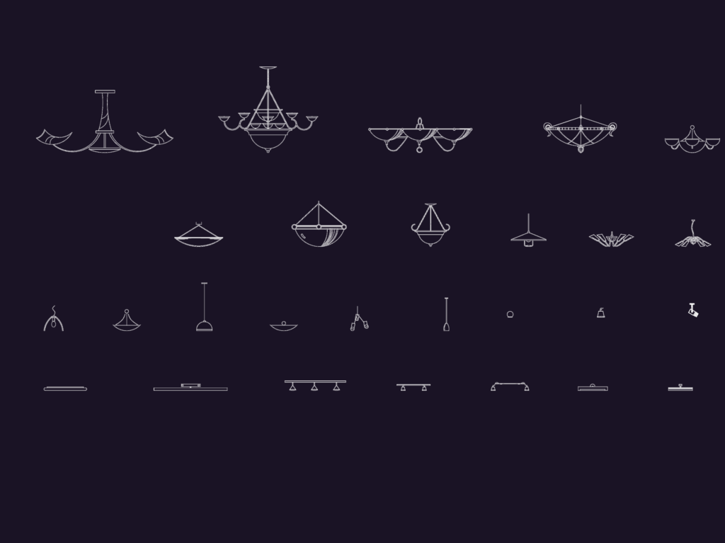 CAD elevation drawings of various modern chandeliers, pendant lamps, and ceiling light fixtures.