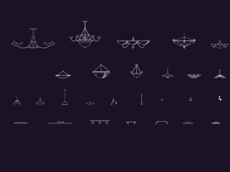 CAD elevation drawings of various modern chandeliers, pendant lamps, and ceiling light fixtures.