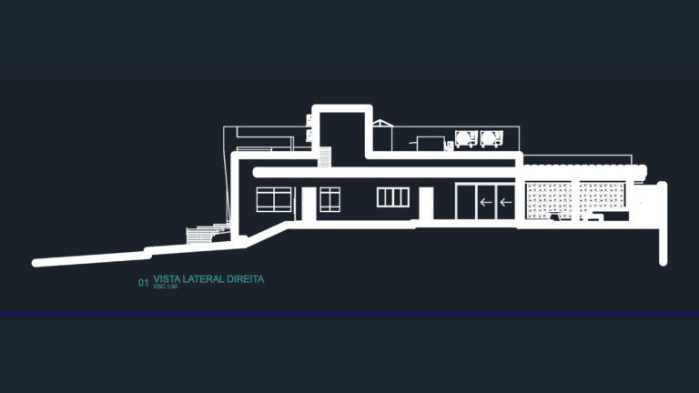 CAD elevation of a modern house on a sloped site featuring sliding doors, roof AC units, and decorative screens.