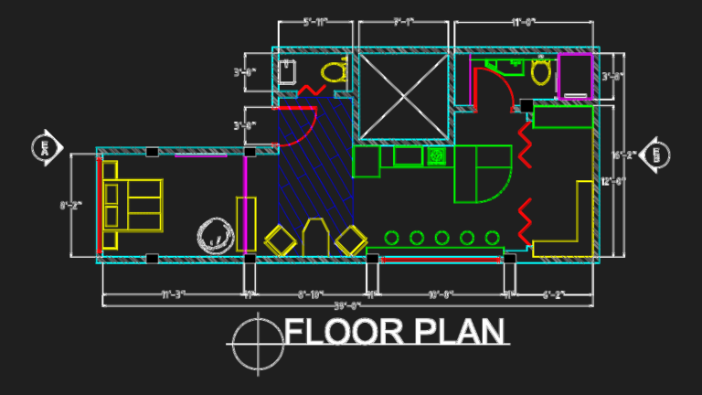 Dimensioned studio apartment floor plan CAD drawing with kitchen, bathroom, and bedroom layouts.