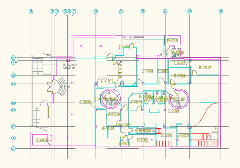 CAD basement floor plan for UQAM Pavillon Maisonneuve with room labels, stairs, and structural grid lines.