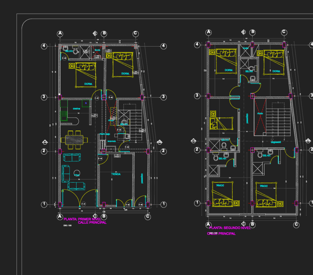 Architectural 2D floor plans for a two-story multi-family house including a ground floor commercial shop and bedrooms.