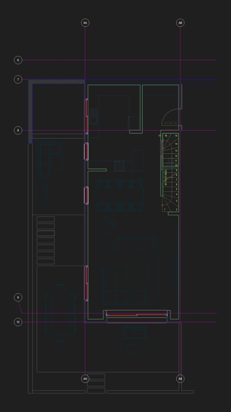 Architectural CAD floor plan for a 4+1 corner villa showing living areas, staircase, terrace, and structural grid axes.