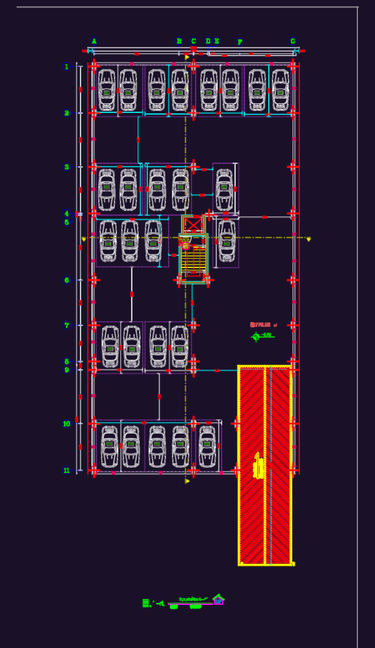 CAD floor plan of an apartment building ground floor showing parking stalls, entrance ramp, and central elevator core.