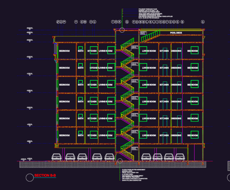 Multi Story Residential Apartment Building with Full Plans Elevations Sections and Schedules