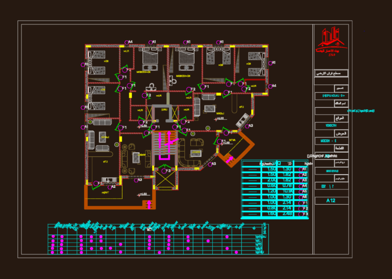 Architectural floor plan of a multi-story residential house with furniture layout, legend, and schedules in DWG.