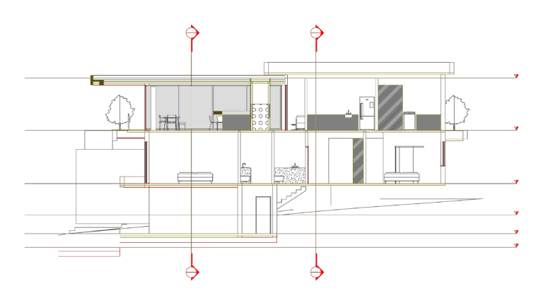Architectural section of a multi-story residential building with furniture, stairs, and topographic level indicators.