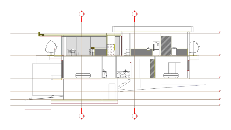 Multi-story Residential House Section DWG with Interior Furniture and Levels